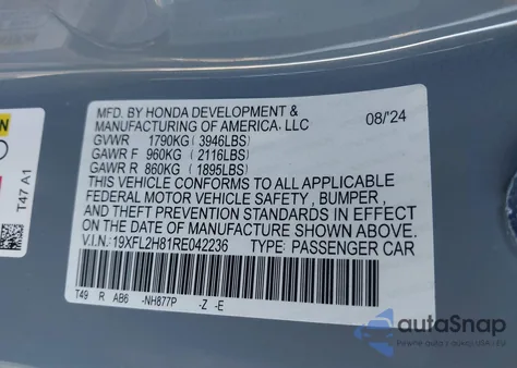 2024 Honda Civic Sport from USA, damaged, VIN 19XFL2H81RE042236